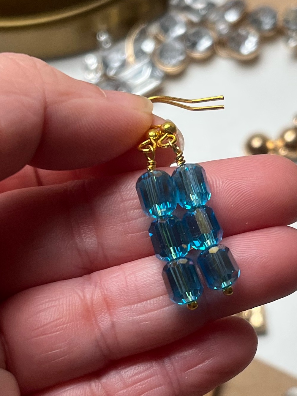 Handcrafted Blue Crystal Drop Earrings with gold tone hooks